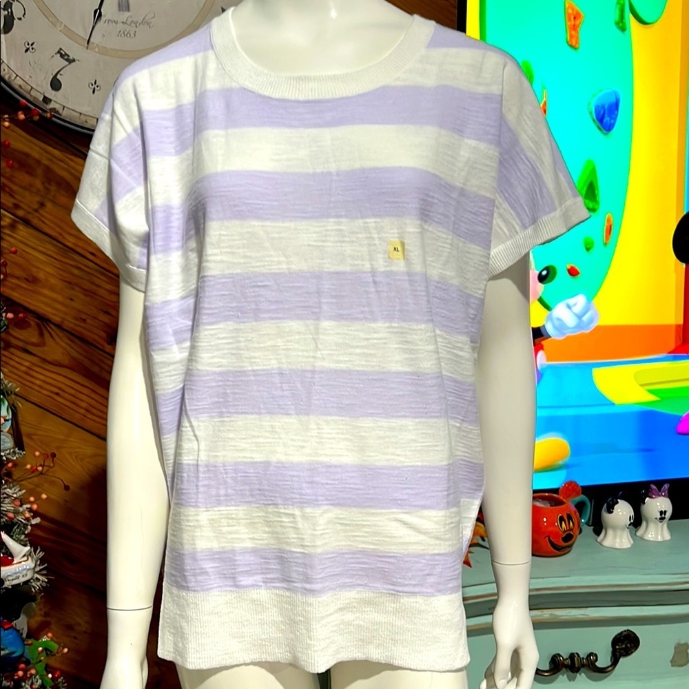Striped White and Lavender T-Shirt Loft XL NWT #AA